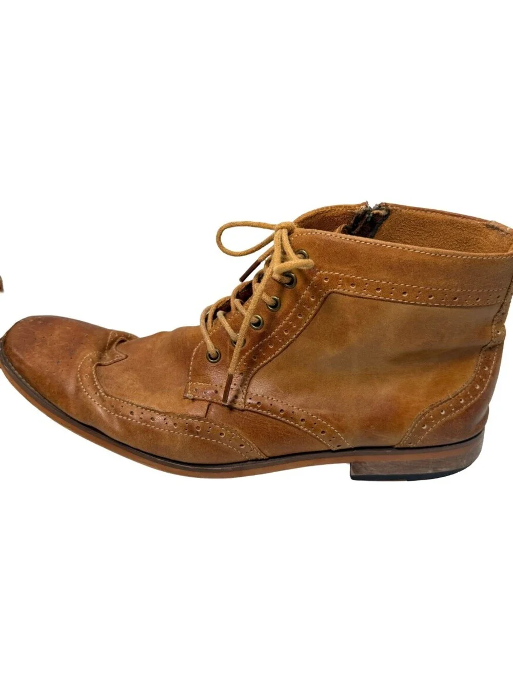 Kunsto Brogue Mens 12 Brown Leather Ankle Zip Boot Cap Toe Wingtip Western Shoe